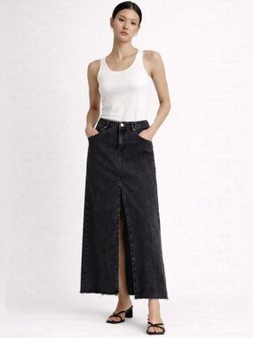 NA-KD Denim Maxi Skirt Front Slit Raw Hem Dark Gray Size 8